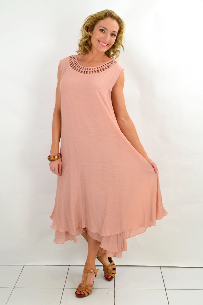 Grecian sleeveless blush tunic dress by La Mode featuring flowing fabric and elegant drape, perfect for summer wear.