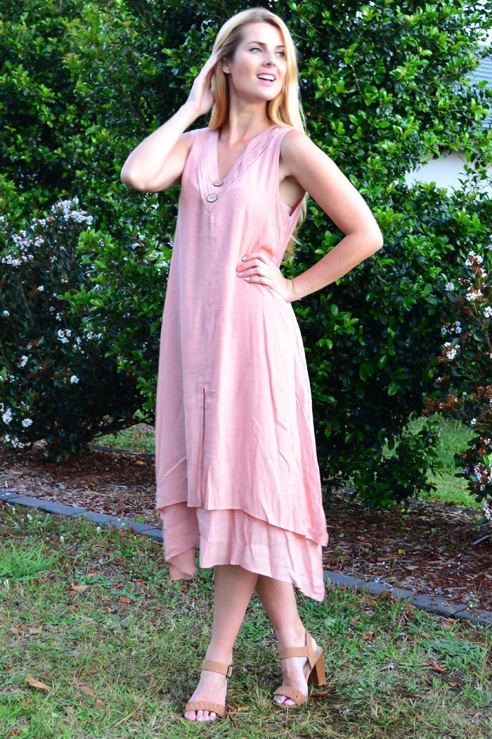 Blush pink sleeveless coconut button tunic dress by La Mode, casual summer style, lightweight fabric, relaxed fit.