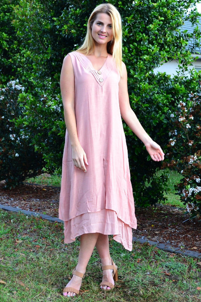 Blush pink sleeveless coconut button tunic dress by La Mode, featuring a relaxed fit and stylish design.