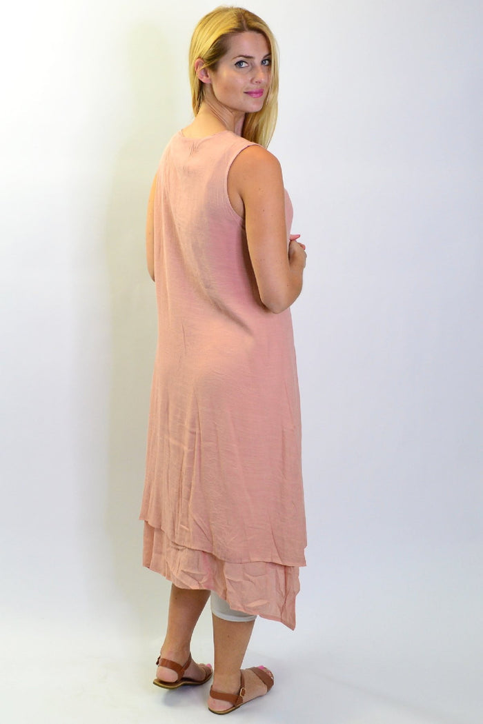 Blush pink sleeveless coconut button tunic dress by La Mode, casual summer dress with a relaxed fit and stylish design.
