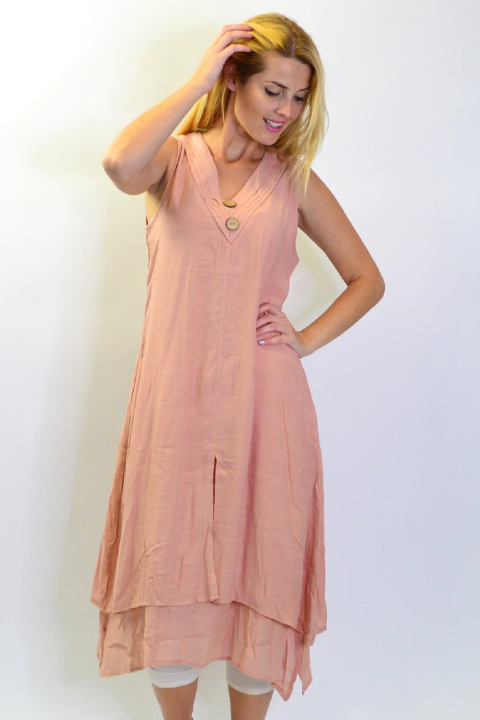 Blush pink sleeveless tunic dress with coconut button details, casual summer style by La Mode.