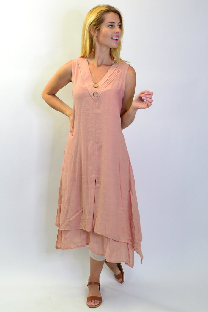 Blush pink sleeveless tunic dress with coconut buttons by La Mode, featuring a relaxed fit and casual style.