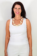 Boho cream adjustable wooden bead necklace with natural wooden beads and a stylish design, perfect for casual or bohemian outfits.