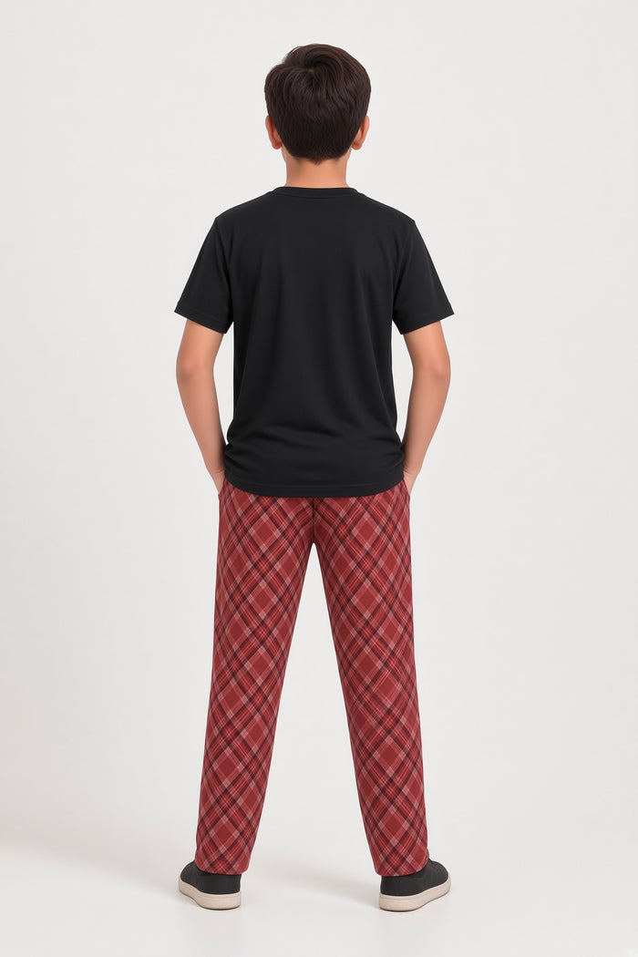 Boys Premium Black Single Jersey Cotton T-Shirt & Red Plaid Check Trouser Set - Hinz Clothing