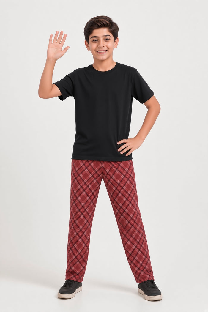 Boys Premium Black Single Jersey Cotton T-Shirt & Red Plaid Check Trouser Set - Hinz Clothing