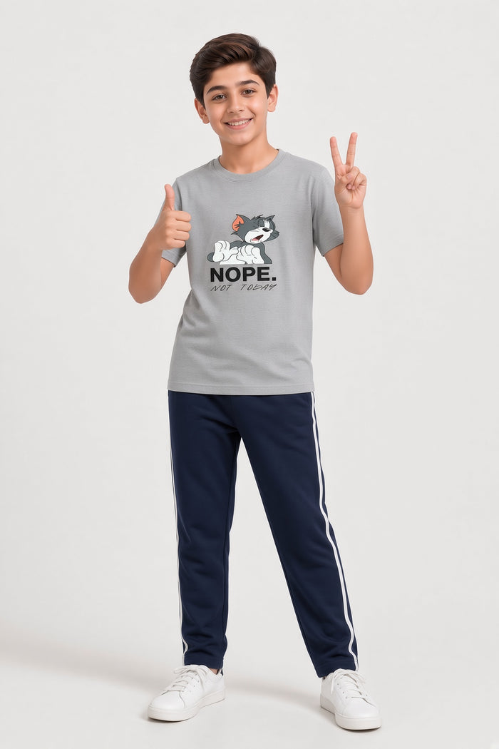 Boys Premium Grey Printed T-Shirt & Navy Trouser Set