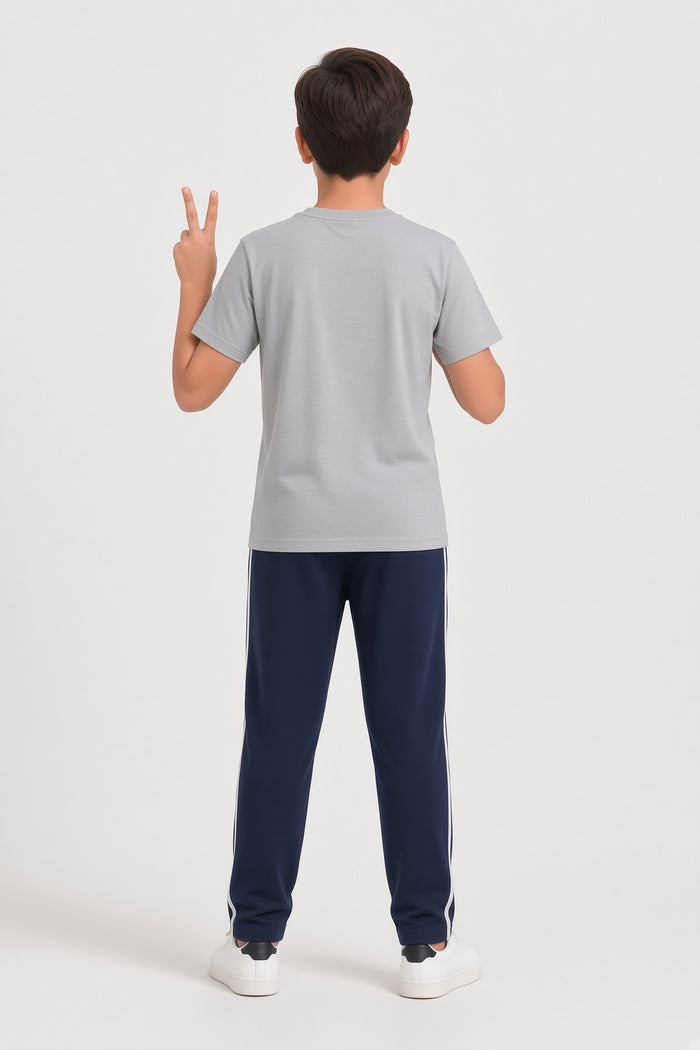 Boys Premium Grey Printed T-Shirt & Navy Trouser Set - Hinz Clothing
