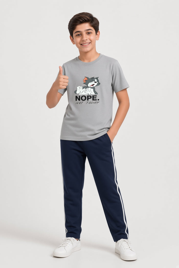 Boys Premium Grey Printed T-Shirt & Navy Trouser Set - Hinz Clothing