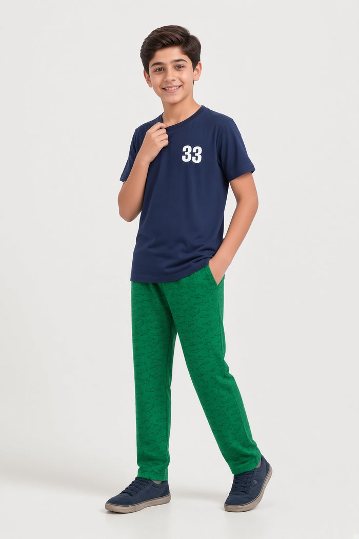 Boys Premium Navy Blue Single Jersey Cotton T-Shirt & Green Shark Printed Trouser Set