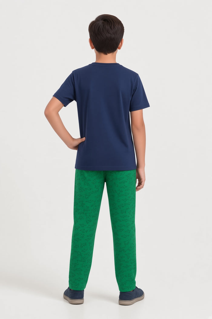 Boys Premium Navy Blue Single Jersey Cotton T-Shirt & Green Shark Printed Trouser Set - Hinz Clothing
