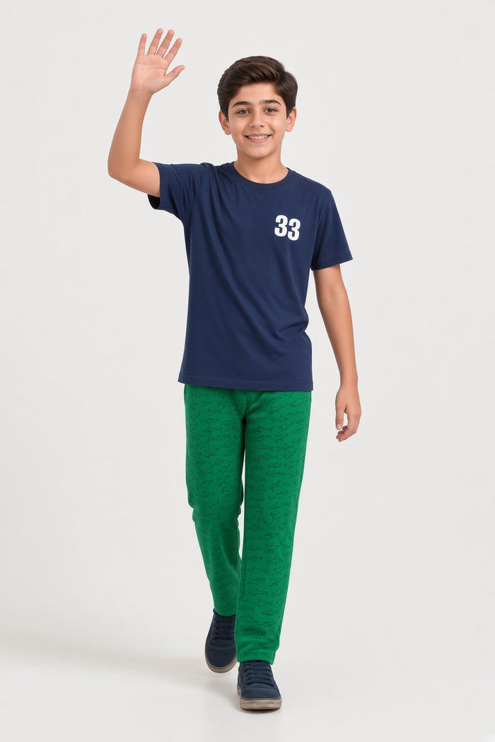 Boys Premium Navy Blue Single Jersey Cotton T-Shirt & Green Shark Printed Trouser Set - Hinz Clothing