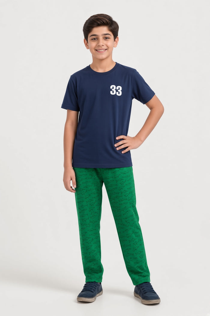 Boys Premium Navy Blue Single Jersey Cotton T-Shirt & Green Shark Printed Trouser Set - Hinz Clothing