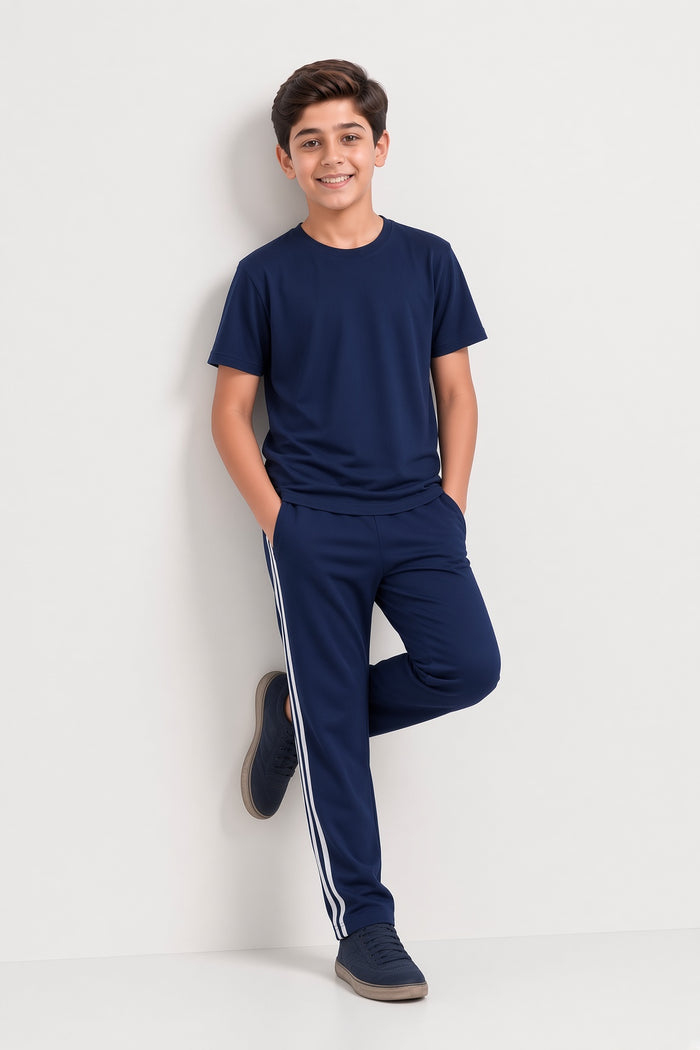 Boys Premium Navy Blue & White Striped Single Jersey Cotton T-Shirt & Trouser Set