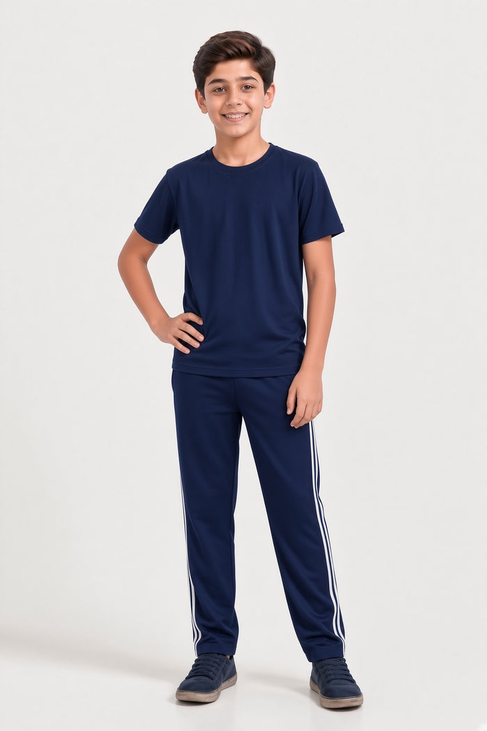 Boys Premium Navy Blue & White Striped Single Jersey Cotton T-Shirt & Trouser Set