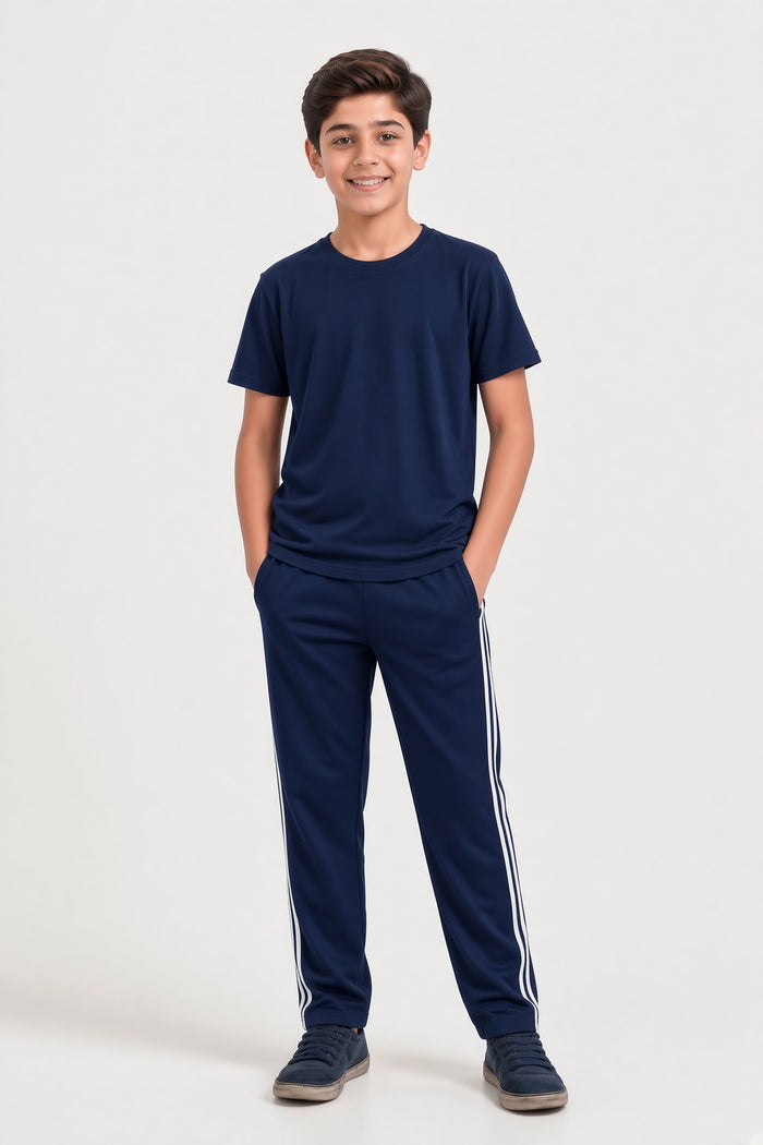 Boys Premium Navy Blue & White Striped Single Jersey Cotton T-Shirt & Trouser Set