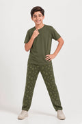 Boys Premium Olive Green Single Jersey Cotton T-Shirt & Printed Trouser Set