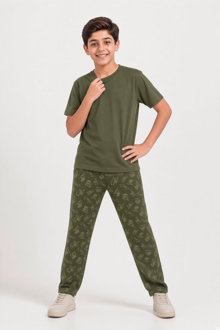 Boys Premium Olive Green Single Jersey Cotton T-Shirt & Printed Trouser Set