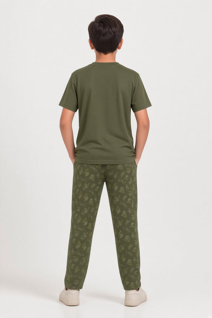 Boys Premium Olive Green Single Jersey Cotton T-Shirt & Printed Trouser Set - Hinz Clothing