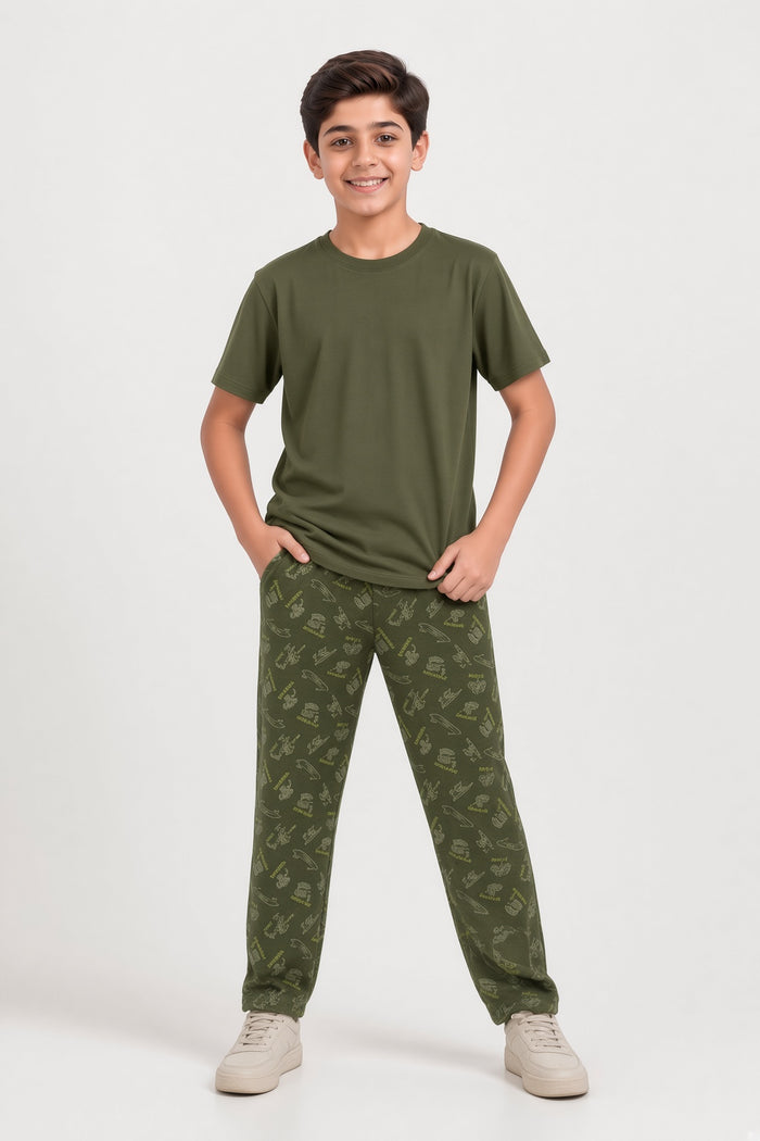 Boys Premium Olive Green Single Jersey Cotton T-Shirt & Printed Trouser Set - Hinz Clothing