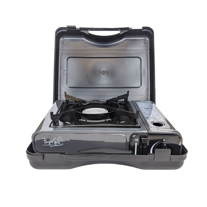 Bright Spark gas cartridge camping stove in its carry case