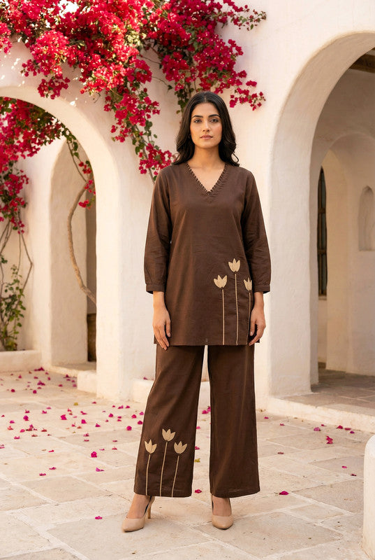 Brown Floral Appliqué Straight Cotton Co-ord Set