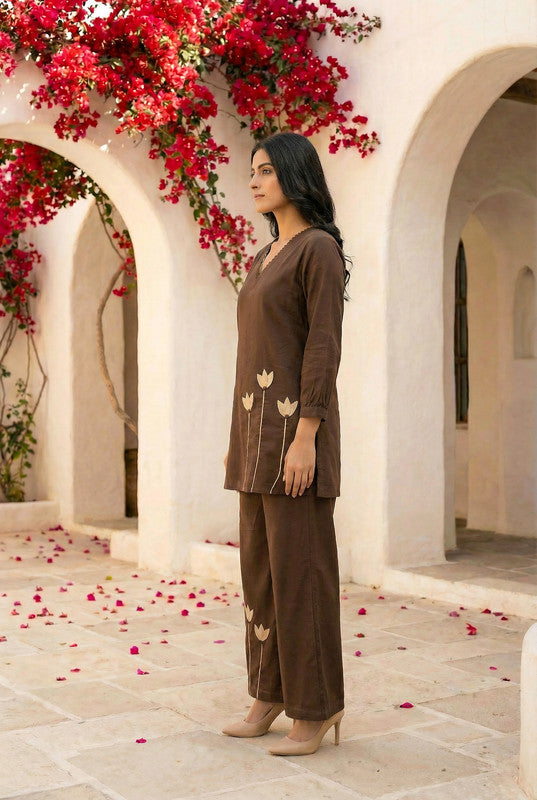 Brown Floral Appliqué Straight Cotton Co-ord Set