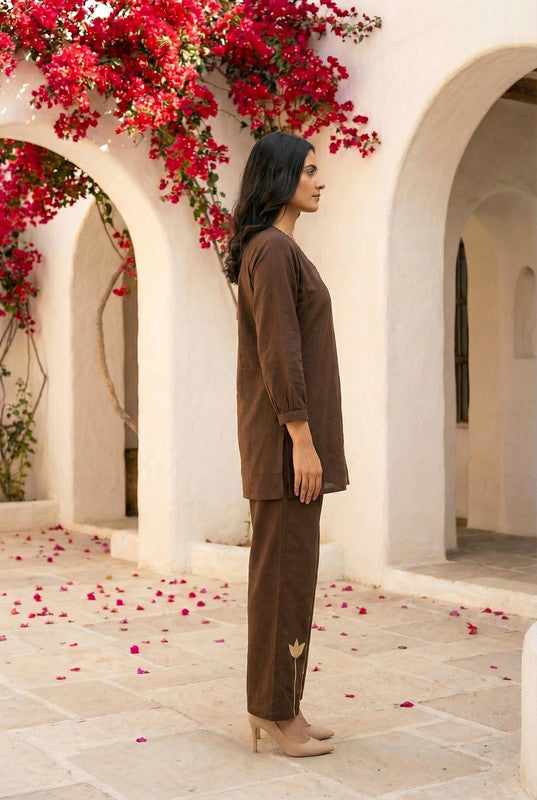 Brown Floral Appliqué Straight Cotton Co-ord Set