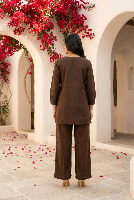 Brown Floral Appliqué Straight Cotton Co-ord Set