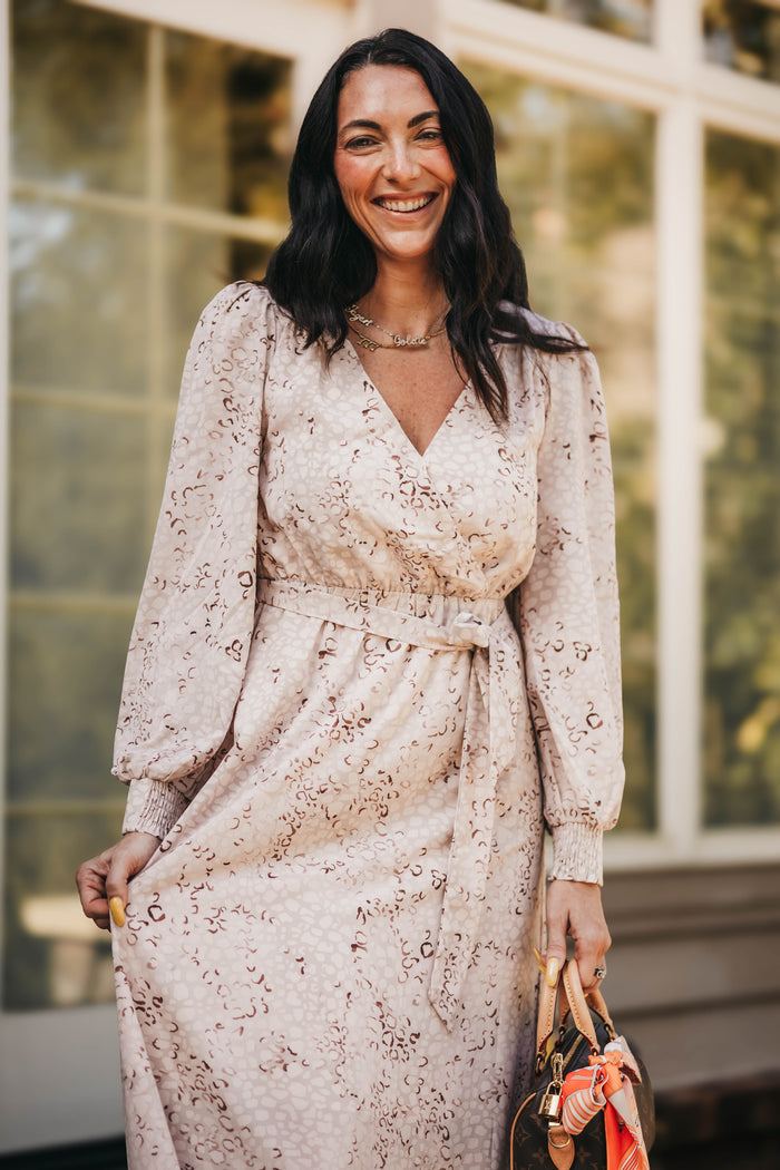 Women's cream leopard bubble sleeve maxi dress