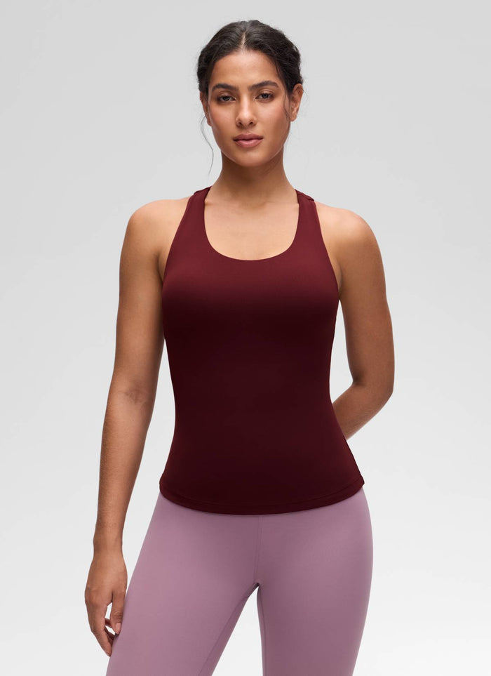 CRZ YOGA Women's Yoga Tight Fit Tops Butterluxe Built-in Bra Tank Red Merlot