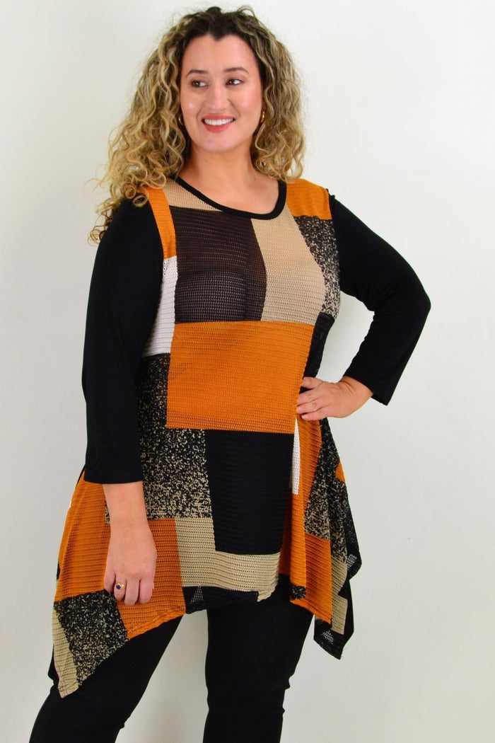Caramel swing tunic top by Caroline Morgan featuring a relaxed fit, soft fabric, and stylish drape, shown on a hanger.