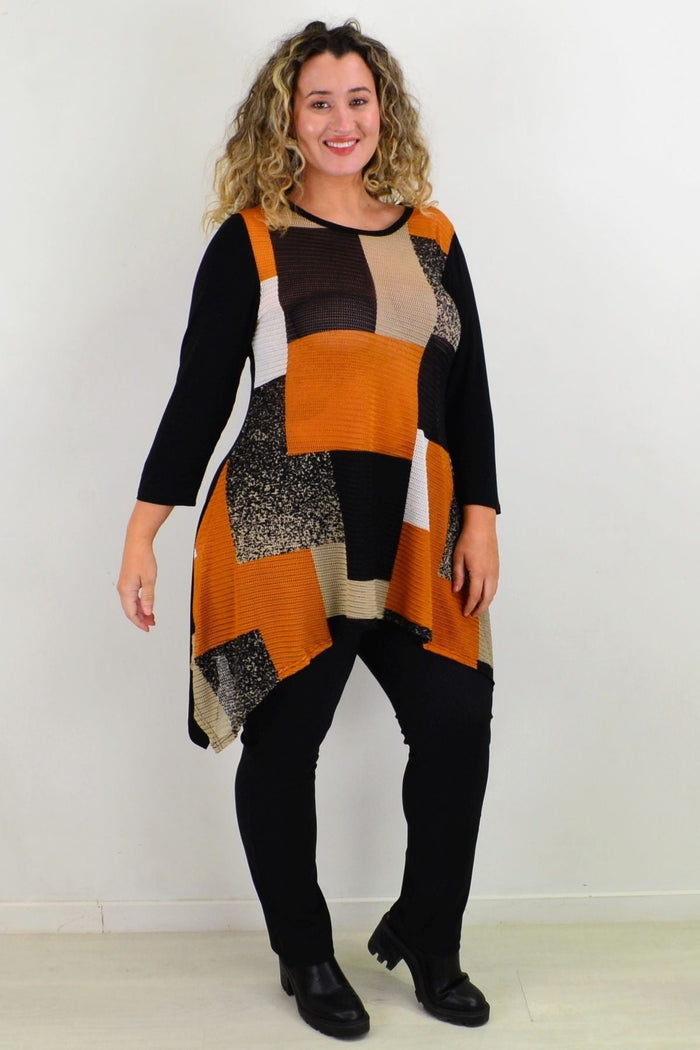 Caramel swing tunic top by Caroline Morgan featuring a loose fit, long sleeves, and a flowing silhouette.