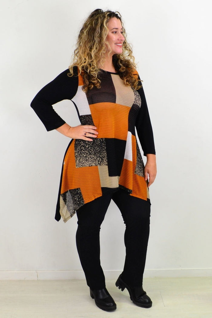 Caramel swing tunic top by Caroline Morgan, showcasing a flowy, stylish design with a relaxed fit and soft fabric.
