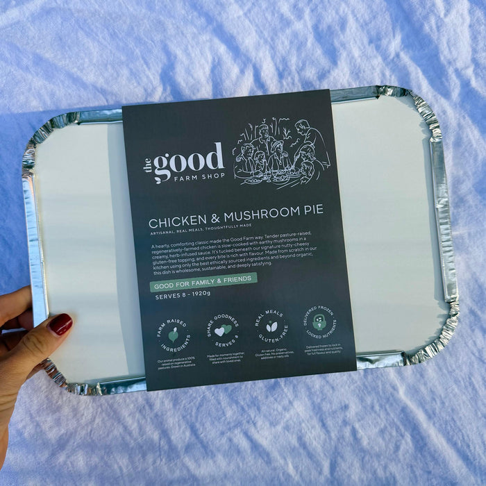 Chicken & Mushroom Pie from The Good Farm Shop — pasture-raised, gluten-free, organic, ready meal in foil tray