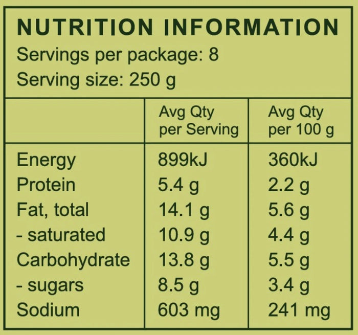Nutrition info for organic ready meal: 8 servings, 250g each, with protein, fat, carbs, and sodium details per serving.