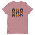 The Cavalier Tee by Sassy Woof is a 100% cotton mauve unisex shirt with nine cartoon dogs in sunglasses and “SASSY WOOF” below—perfect for dog lovers seeking playful, unique style.