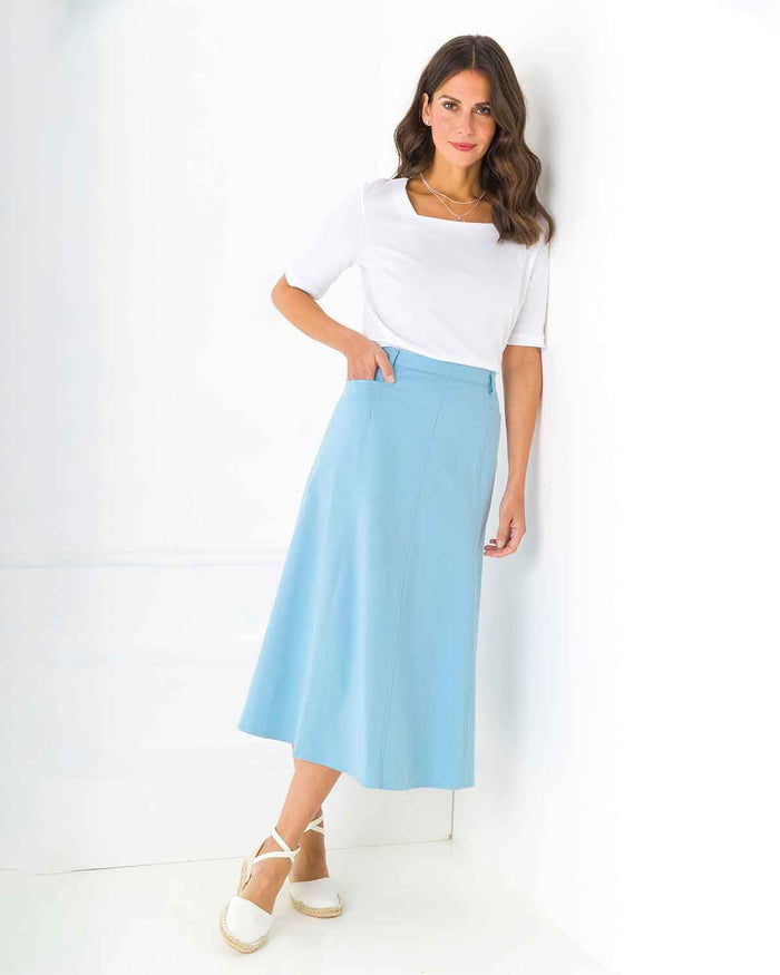 Chino Pure Cotton Twill Flared Skirt - Blue - The Classic Boutique