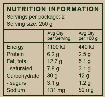 Nutrition label showing energy, protein, fat, carbs, sugars, and sodium per 250g serving for organic ready meal