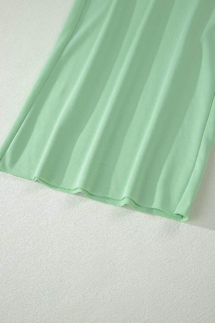 Clearly Aqua Solid Color Ribbed Trim Short Sleeve Top Drawstring Loose Pants 2pcs Outfit