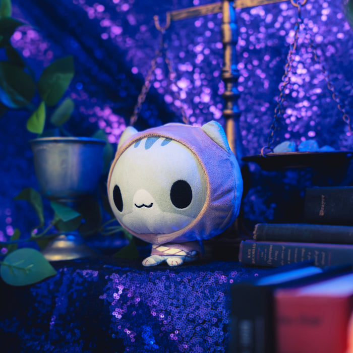 Cloudheads: 5" Mystic Moon (Dex) - A smiling plush gray cat wearing a brown hooded outfit, shown against a sparkly purple background. A plant, scale, and old books are also visible.