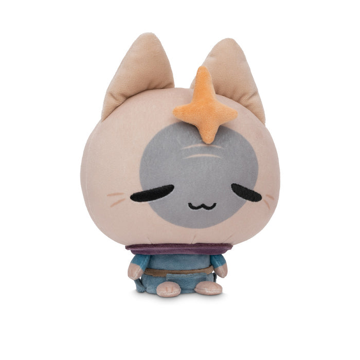 Cloudheads: 5" Mystic Moon (Elder Witch) - A plush cat with a beige head, gray face, orange star on its forehead, and a blue outfit, shown on a white background