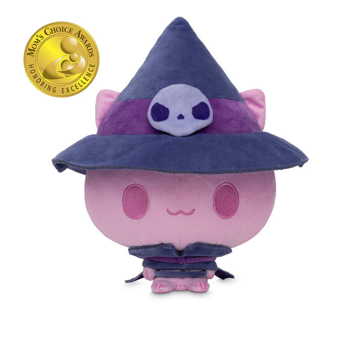Cloudheads: 5" Mystic Moon (Jinx) - A pink plush cat with a witch hat, featuring a purple band with a white skull and a small purple sash, shown on a white background with a gold Mom's Choice Awards badge in the top-left corner.