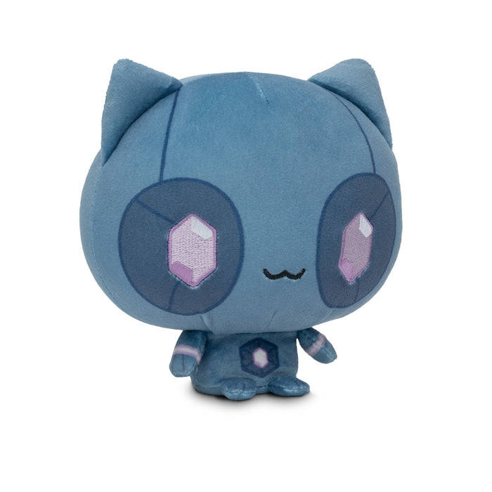 Cloudheads: 5" Mystic Moon (Quartz) - A blue cat plush toy with large dark blue eyes with pink gem-shaped crystals in the center, and a small black stitched smile, shown on a white background