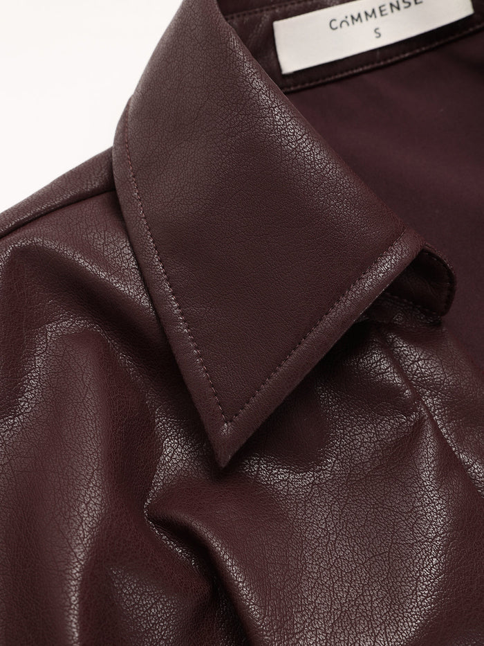 Collared Faux Leather Cropped Cross-Front Top
