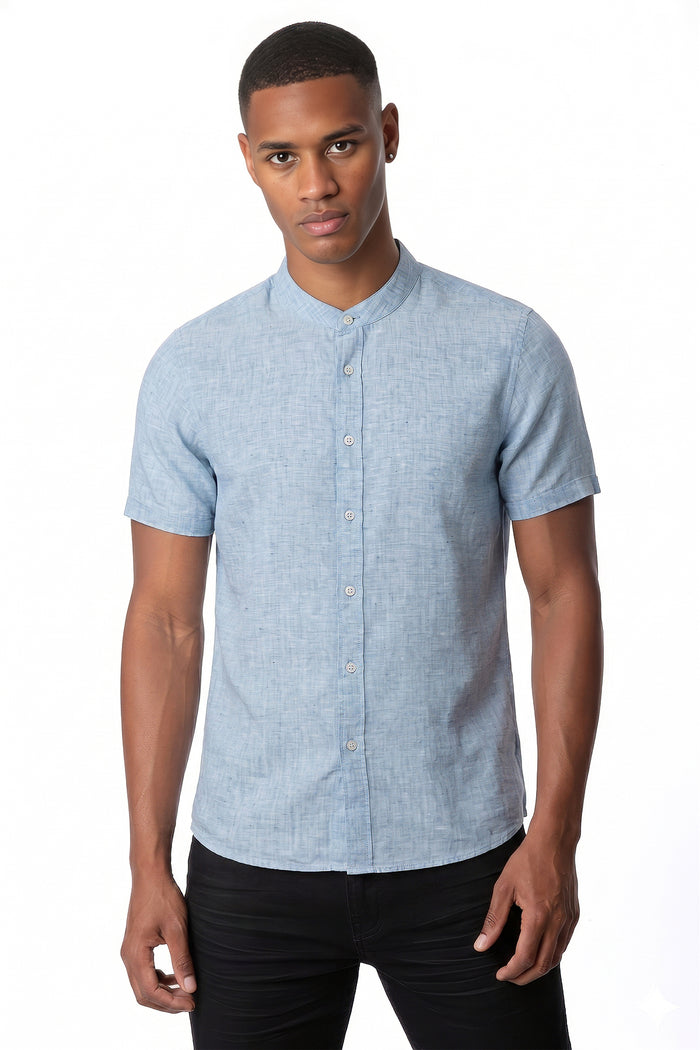 Cotton Linen Yarn-Dyed Stripe Grandad Collar Shirt