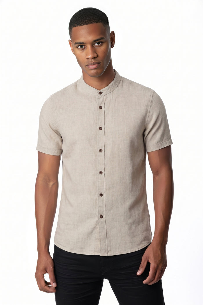 Cotton Linen Yarn-Dyed Stripe Grandad Collar Shirt