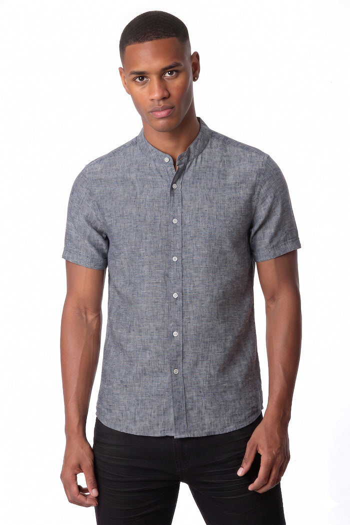 Cotton Linen Yarn-Dyed Stripe Grandad Collar Shirt