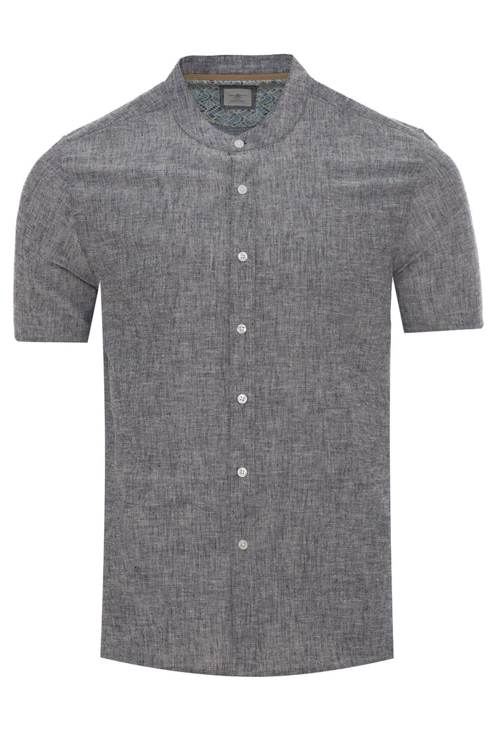 Cotton Linen Yarn-Dyed Stripe Grandad Collar Shirt
