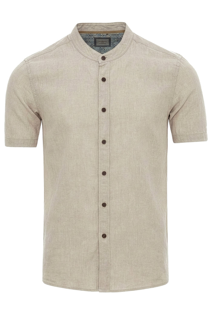 Cotton Linen Yarn-Dyed Stripe Grandad Collar Shirt