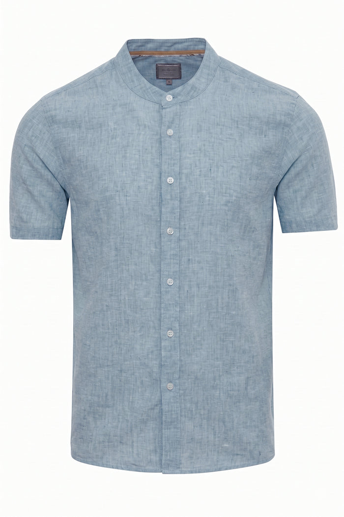 Cotton Linen Yarn-Dyed Stripe Grandad Collar Shirt